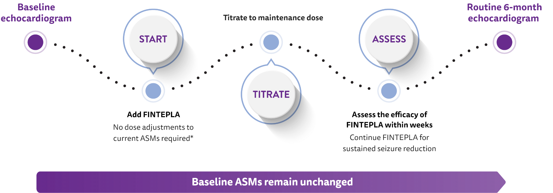 The steps to starting FINTEPLA® include a baseline echocardiogram, start, titrate, assess, and routine 6-month echocardiogram.