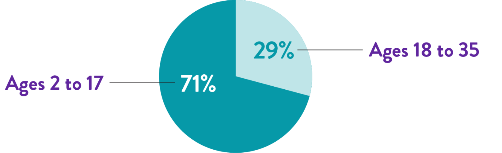 Pie chart showing that 71% of patients in the study population were 2 to 17 years old, while 29% were 18 to 35 years old.