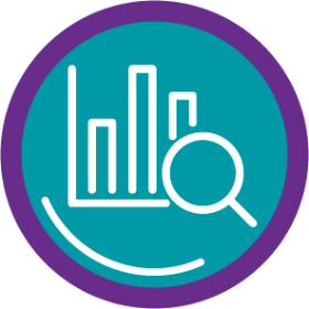 Icon of a magnifying glass on a bar graph for reviewing FINTEPLA study designs